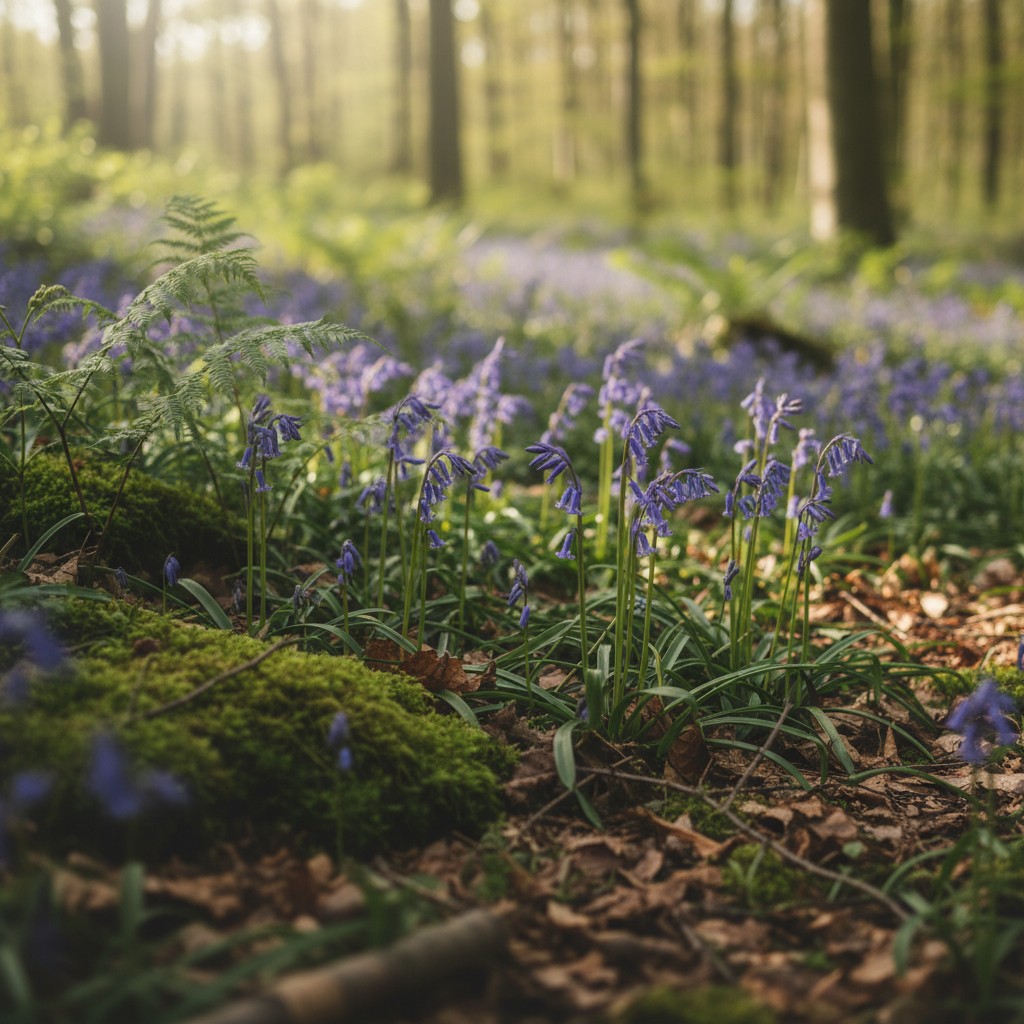 Bluebells in forest. Spring dawn and dusk. Shallow depth of field. Very low angle with thin foreground and sharp focus on ...